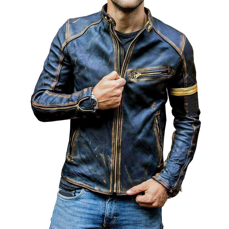 Men's Vintage Stand Collar Zipper Leather Jacket