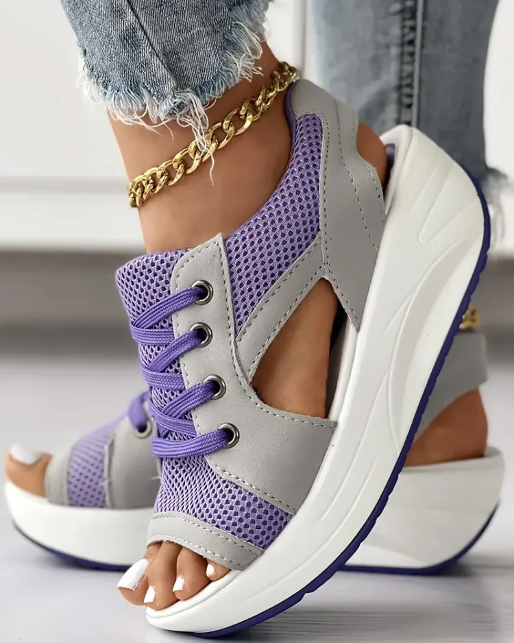 Orthopedic Contrast Paneled Cutout Lace-up Muffin Sandals