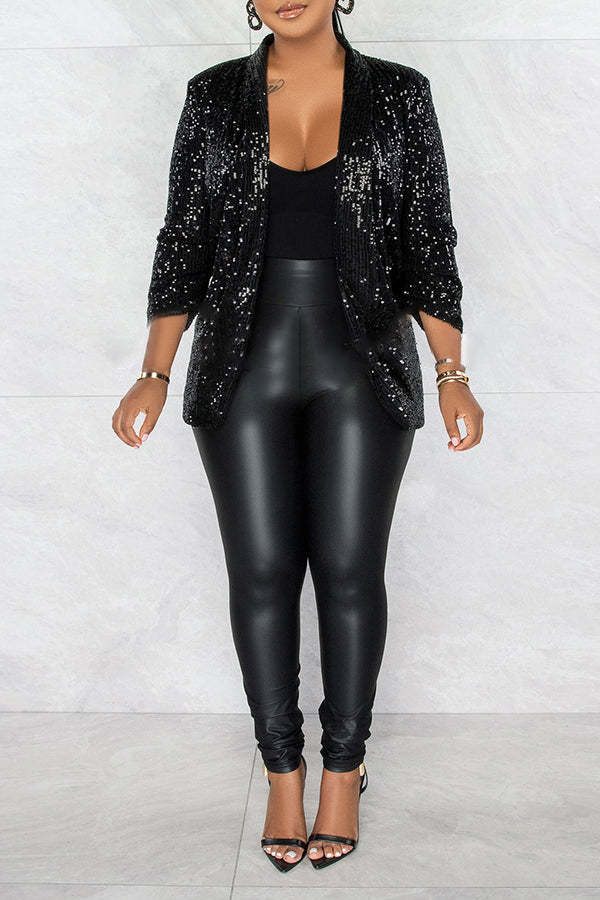 Sequin Ruched Sleeve Shawl Collar Blazer