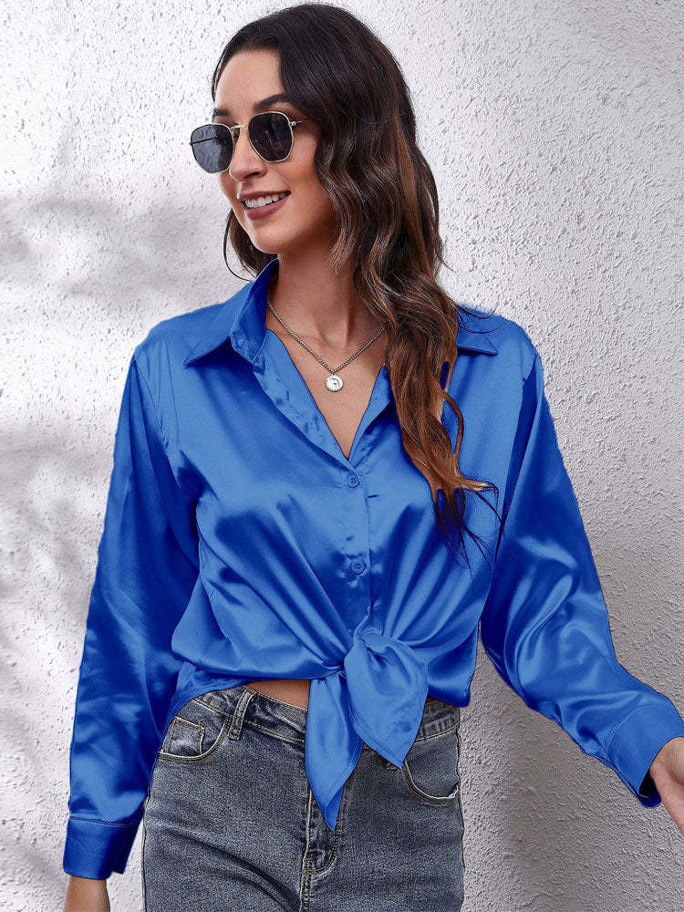 Satin Blouse Women Loose Button Placket Silky Long-sleeved Shirt