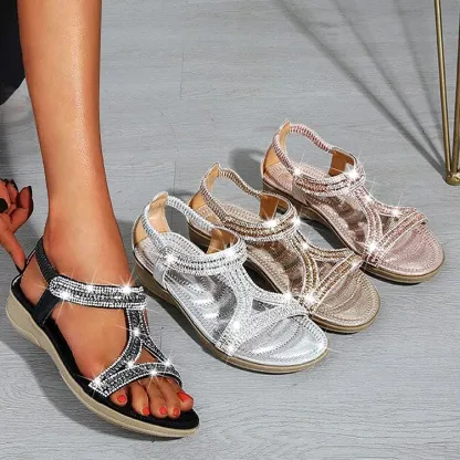 Sandals Hollow Triangle Rhinestone Sandals Soft Bottom Wedge Flat