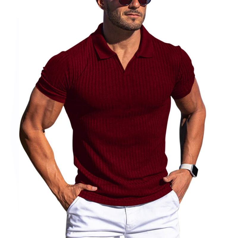 Men's Solid Striped Lapel Short Sleeve Shirt