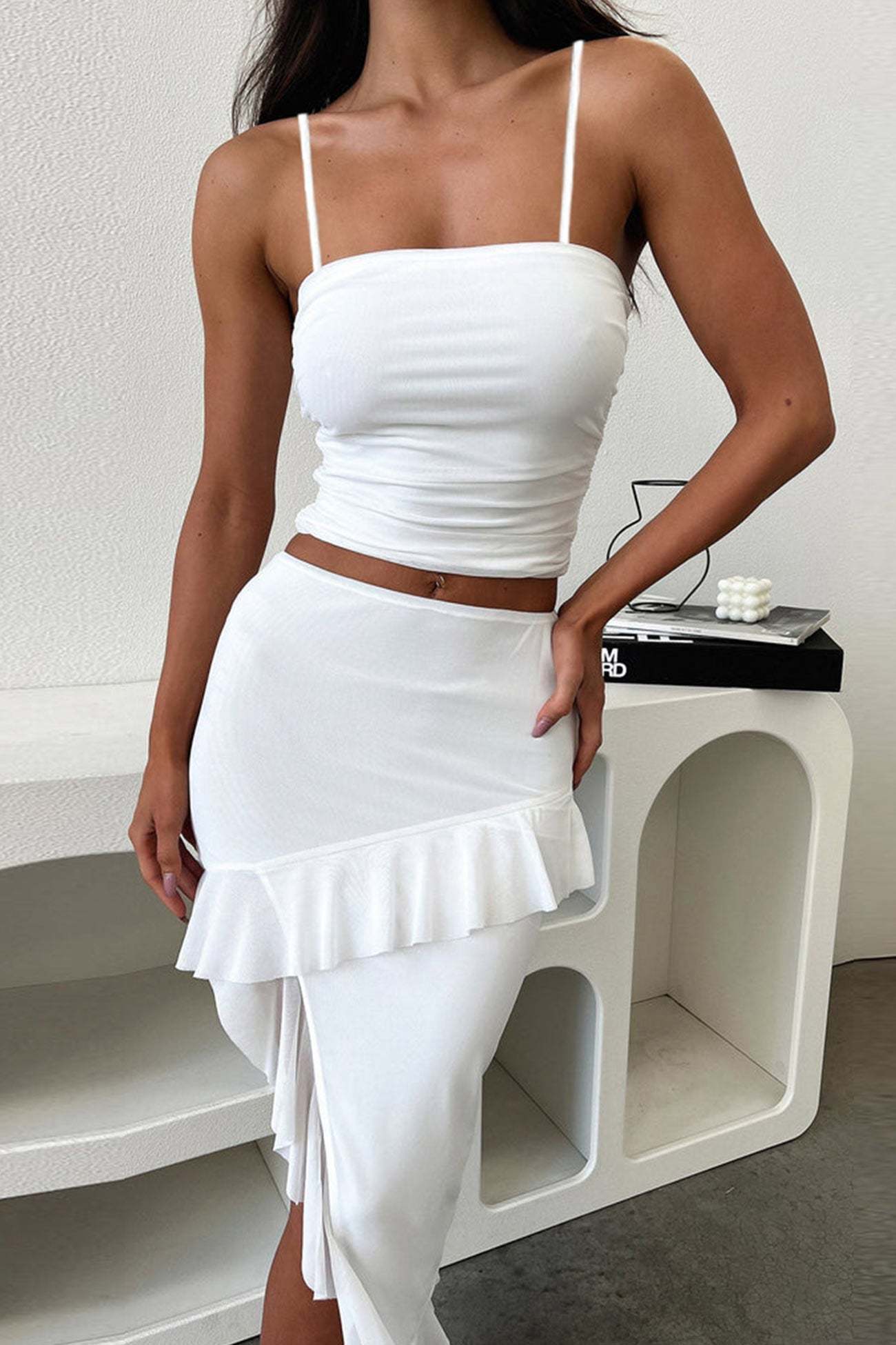 Sheila - cami vest ruffle irregular hem skirt set