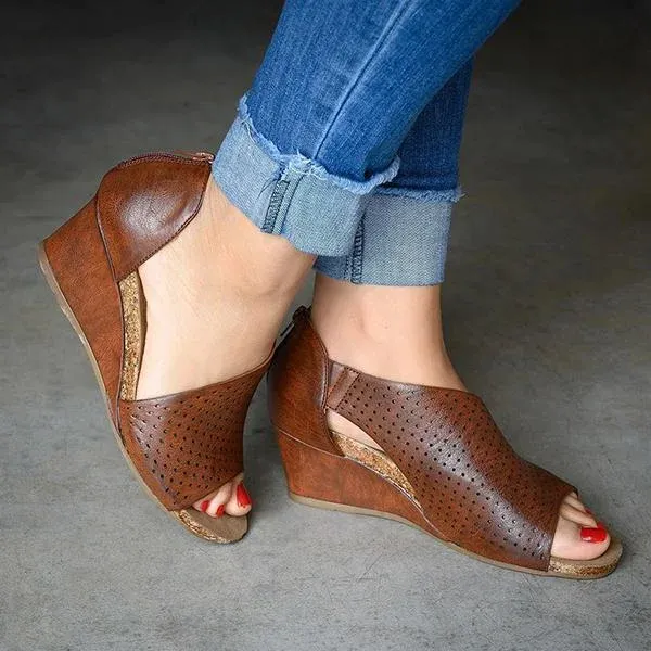 Ladies's Open Toe Leather Heels Wedge Mules Sandals