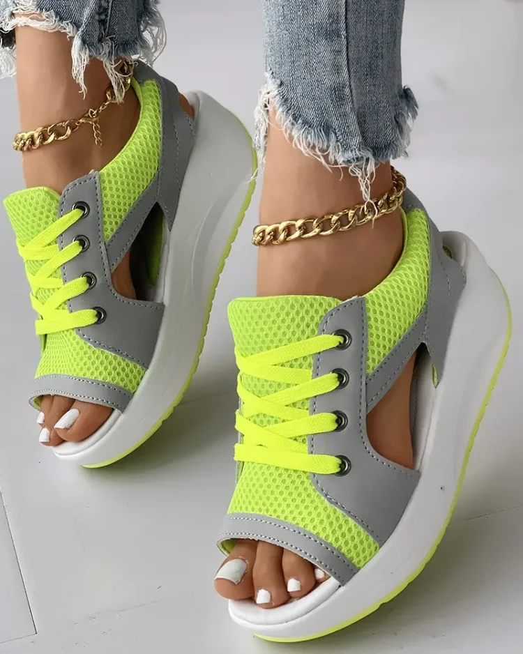 Orthopedic Contrast Paneled Cutout Lace-up Muffin Sandals