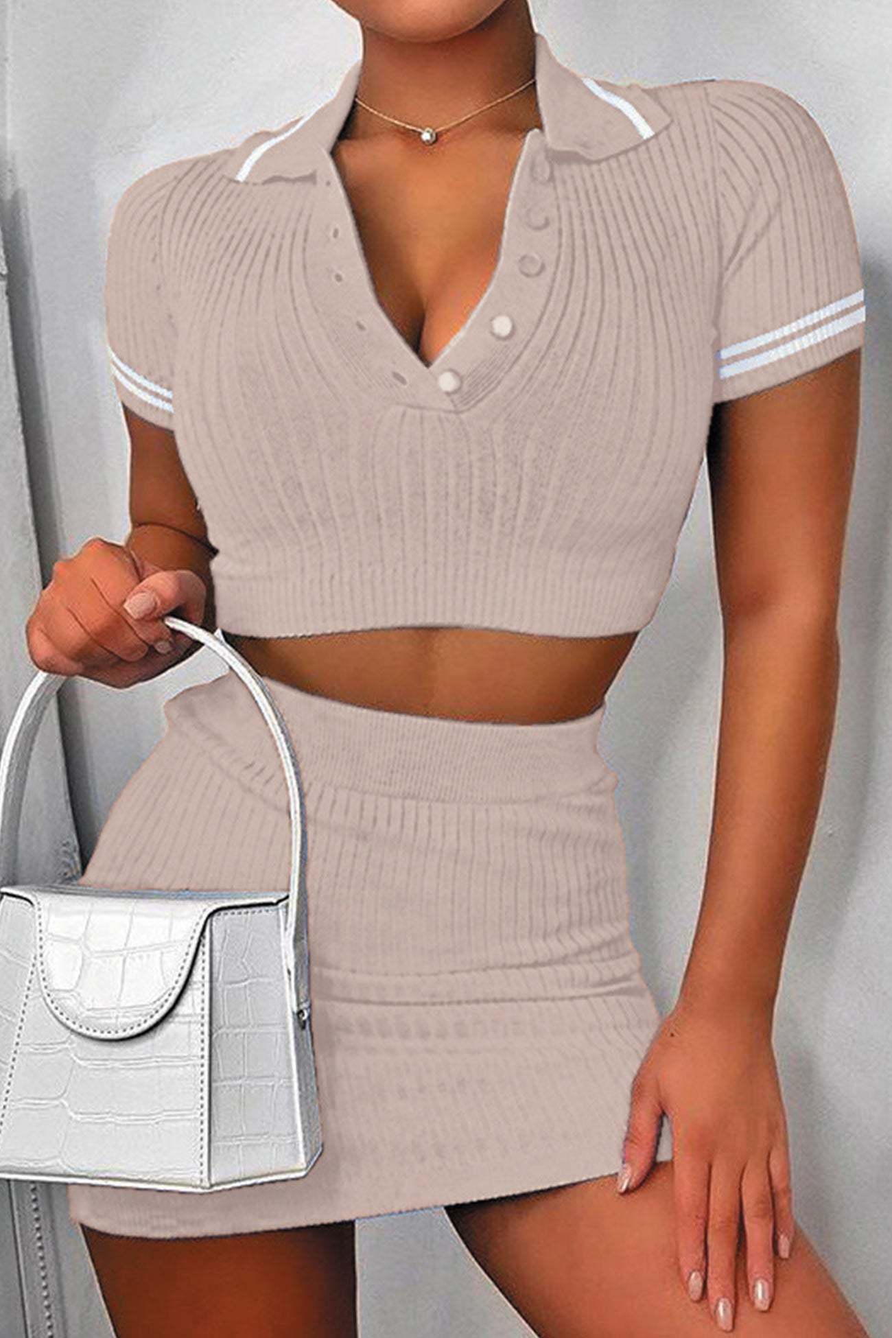 Aramina - button-down ribbed knit skirt set