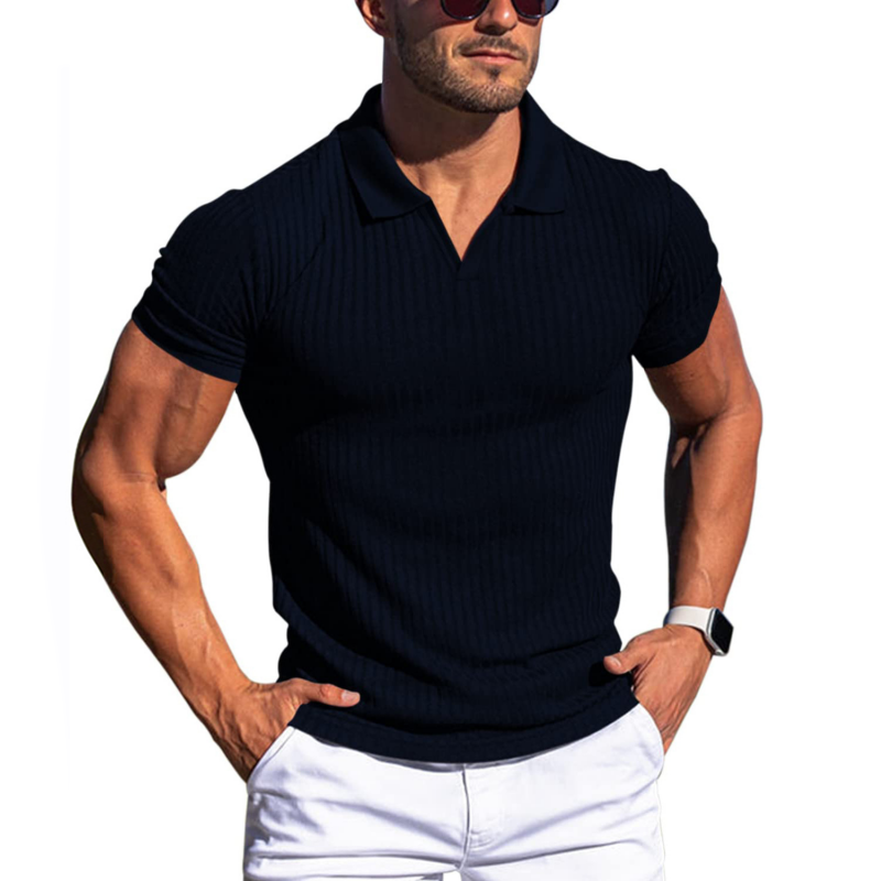 Men's Solid Striped Lapel Short Sleeve Shirt