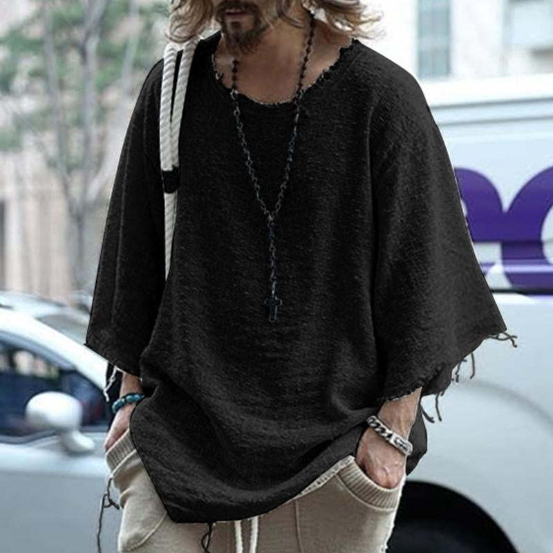 Men's Casual Loose Round Neck Raw Edge T-Shirt