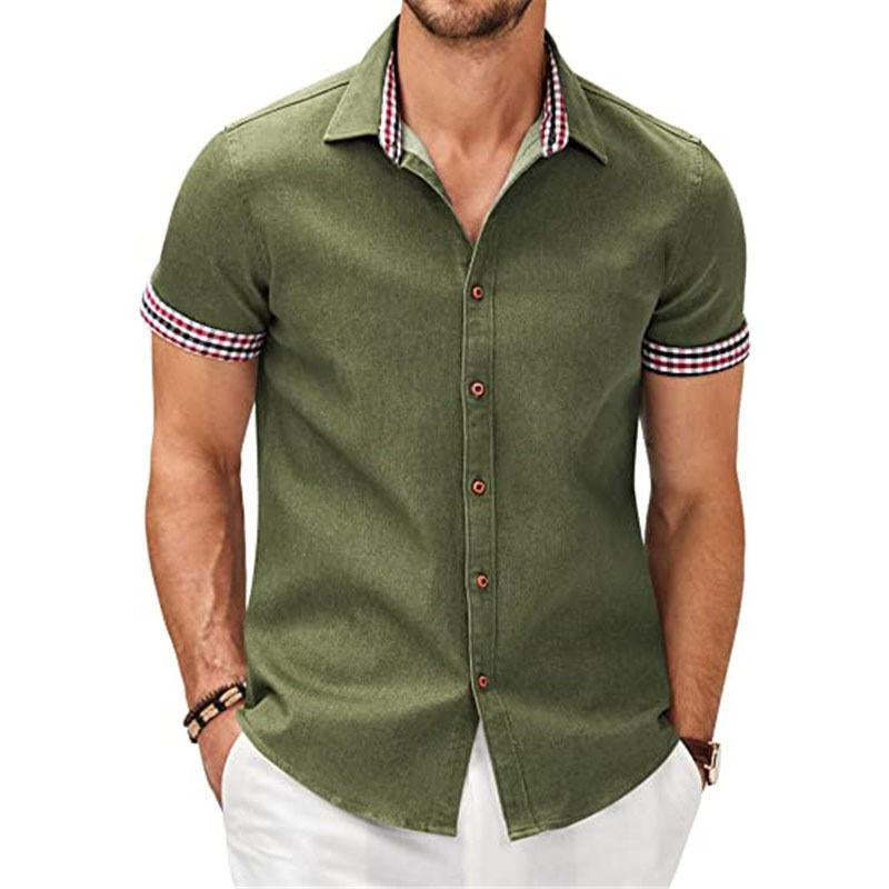Men's Casual Check Print Stitching Lapel Short Sleeve Shirt