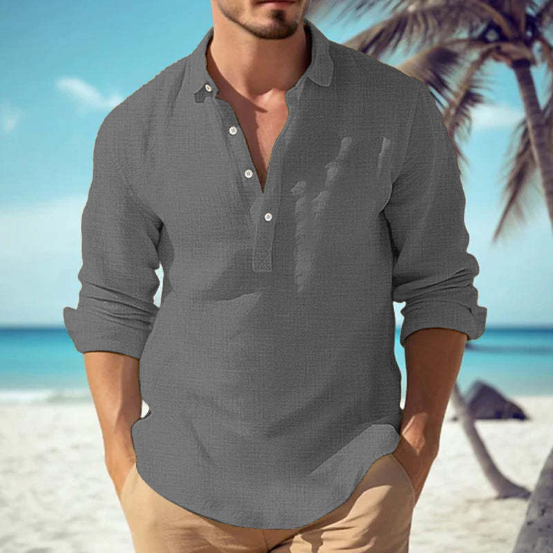 Men's Casual Solid Color Cotton Linen Blend Lapel Long-Sleeved Shirt