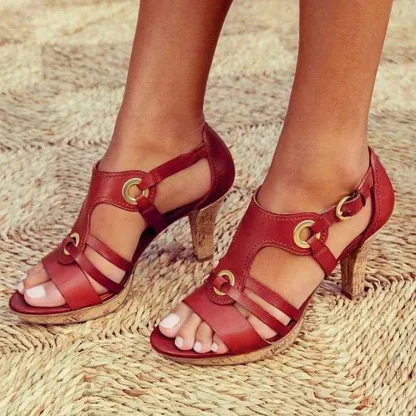 2026 Fashion Leather Open Toe Metal Buckle Women's High Heel Sandals