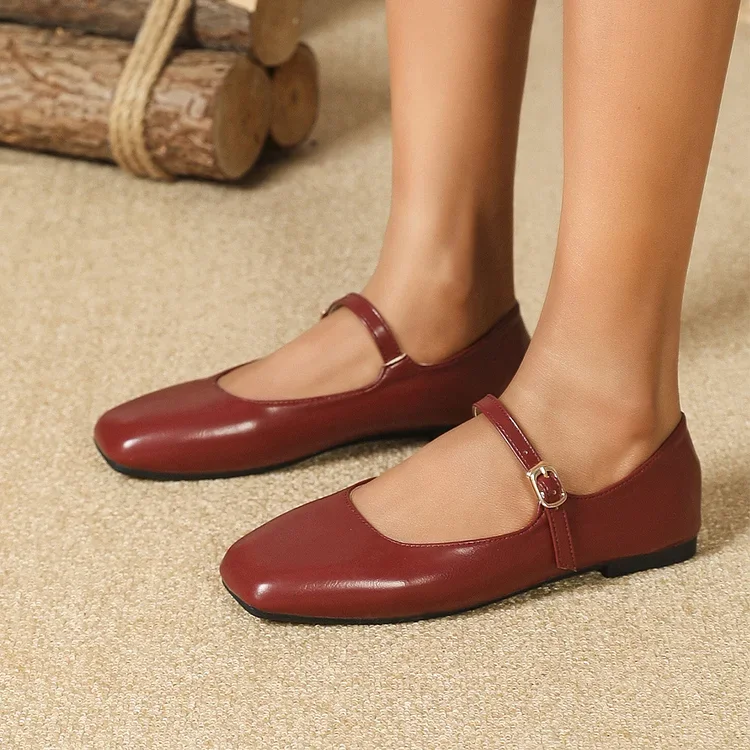 Mary Jane Square Head Retro Leather Flat Shoes
