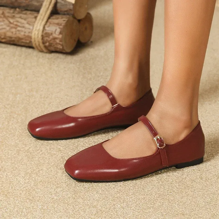 Mary Jane Square Head Retro Leather Flat Shoes