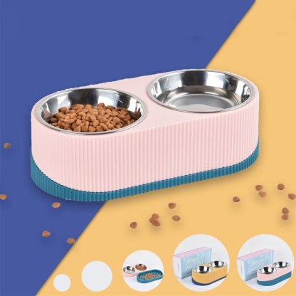 Pet Cat Dog Bowl Double Raised Stand Stainless Steel Dog Cat Food Bowl-gladdween