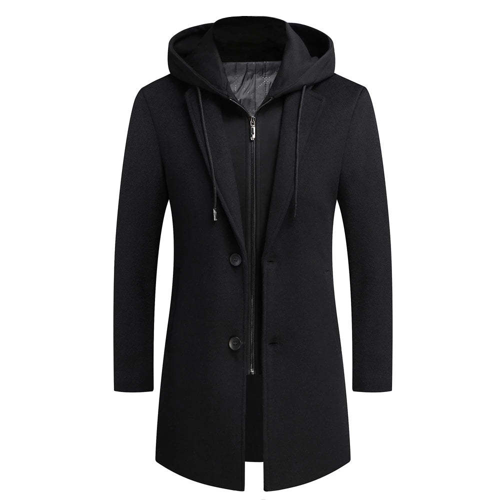 Casual Woolen Mid-Length Coat With Detachable Hat