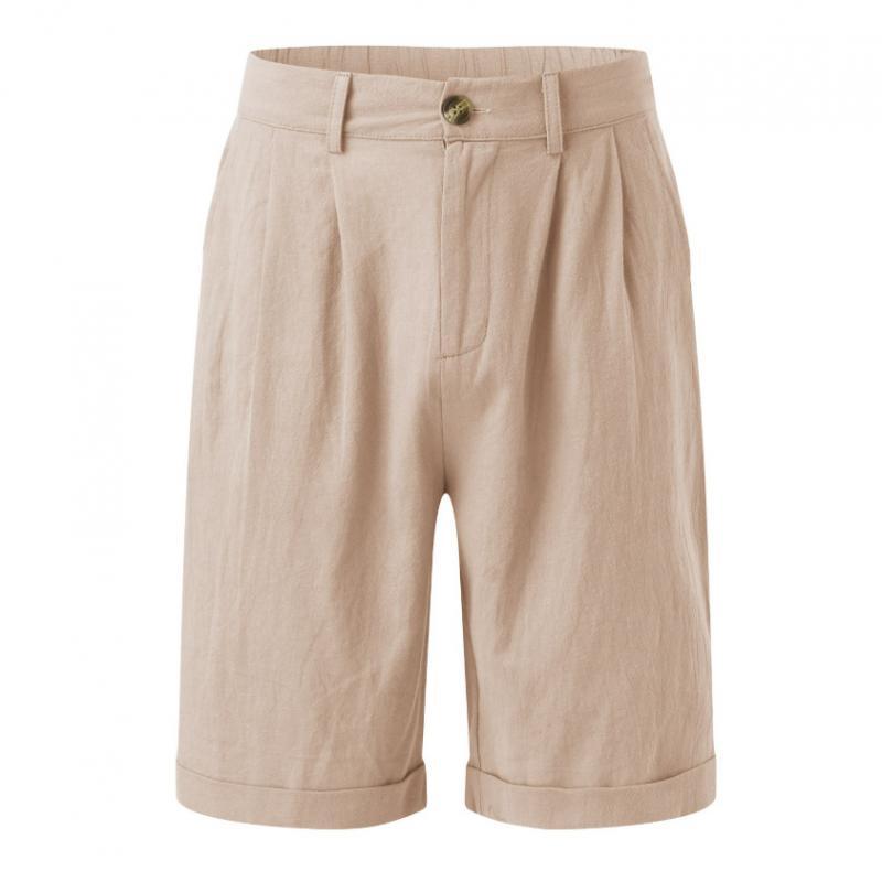 Men's Solid Linen Pleated Straight Casual Shorts