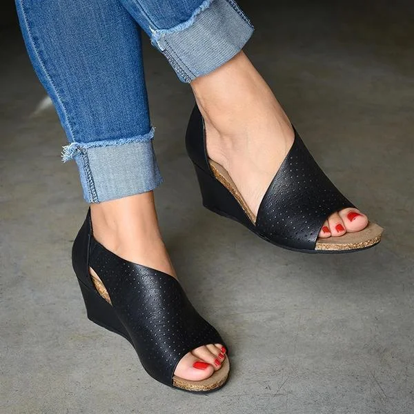 Ladies's Open Toe Leather Heels Wedge Mules Sandals