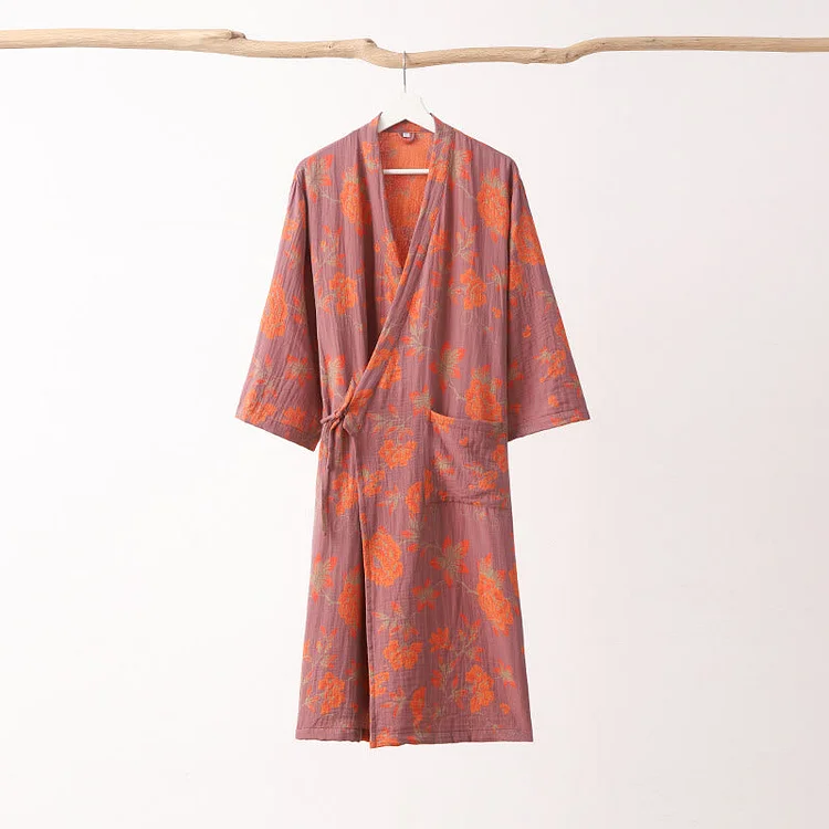 Flower Jacquard Cotton V-Neck Bathrobe Pajama