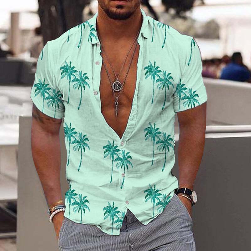 Men's Beach Hawaiian Print Lapel Shirt