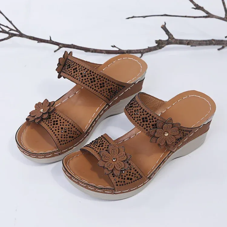 Wedge Heel Sandals Women Nubuck Flower