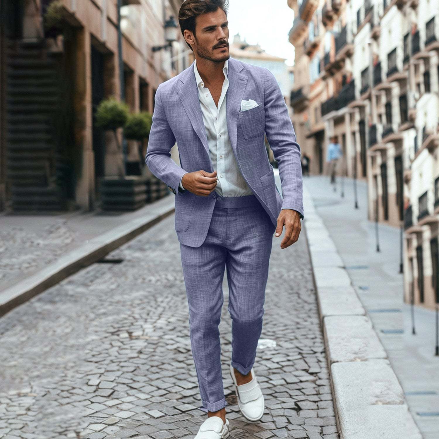 Men's Casual Formal 2 Pcs Summer Linen Notch Lapel Suit
