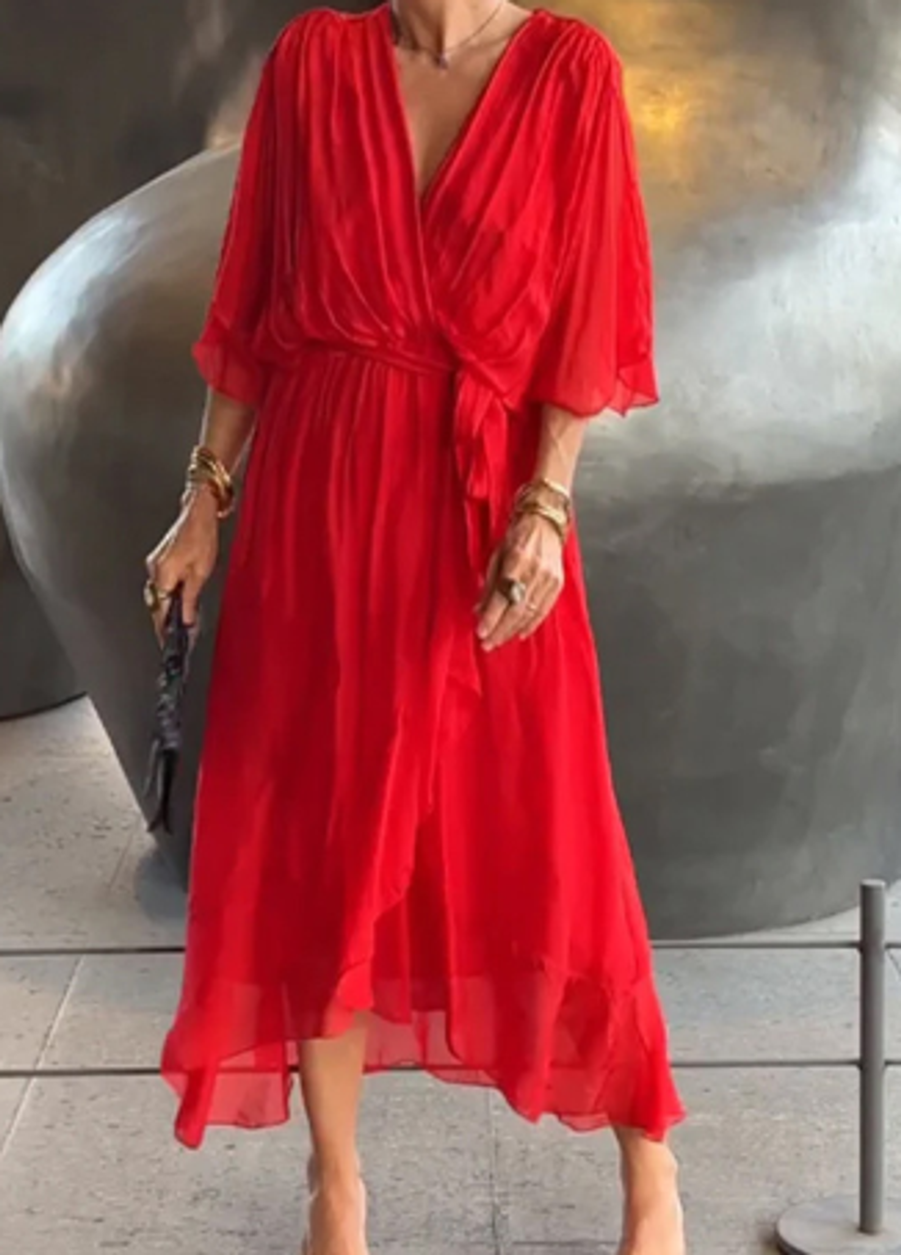 Batwing Sleeve Irregular Dress With V-Neck