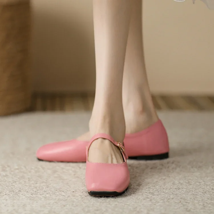 Mary Jane Square Head Retro Leather Flat Shoes