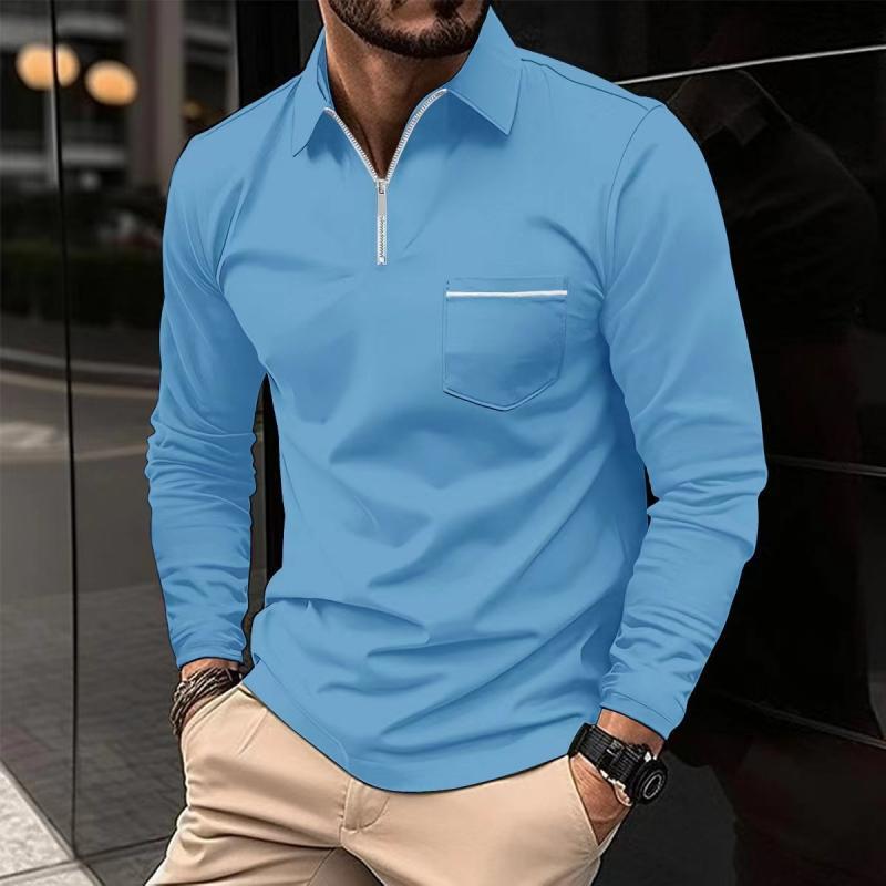 Men's Solid Zipper Lapel Breast Pocket Long Sleeve Shirt