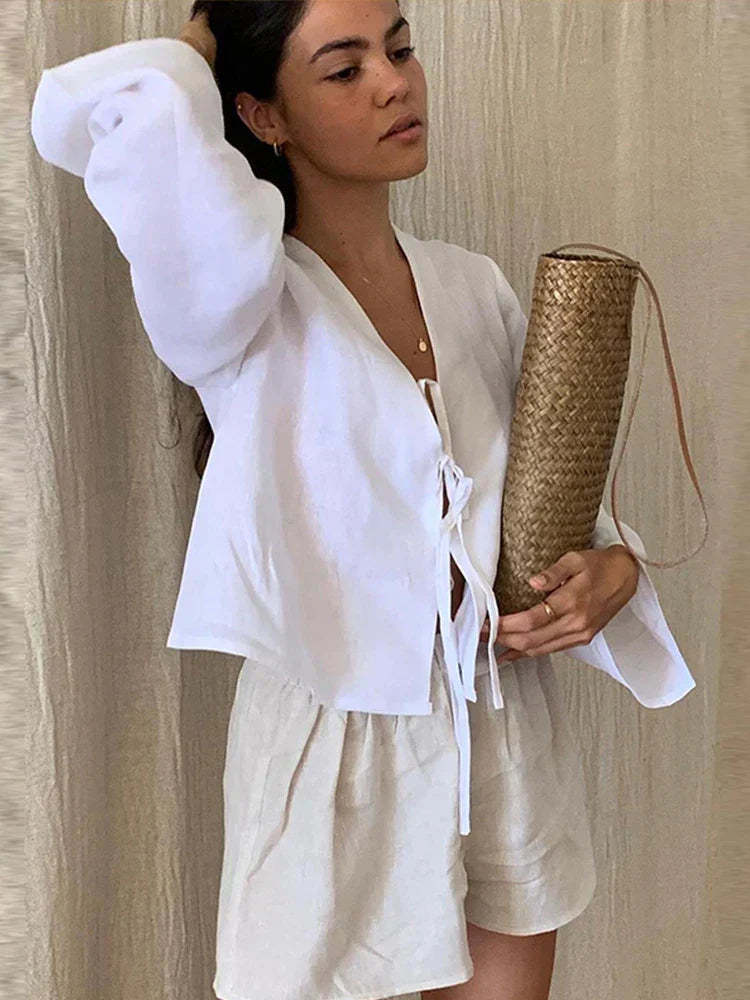 Ladies' Lace-up Shirt With V-neckline