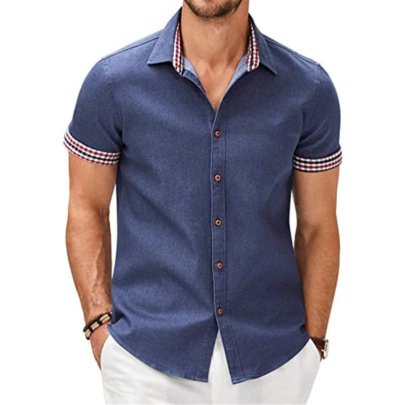 Men's Casual Check Print Stitching Lapel Short Sleeve Shirt