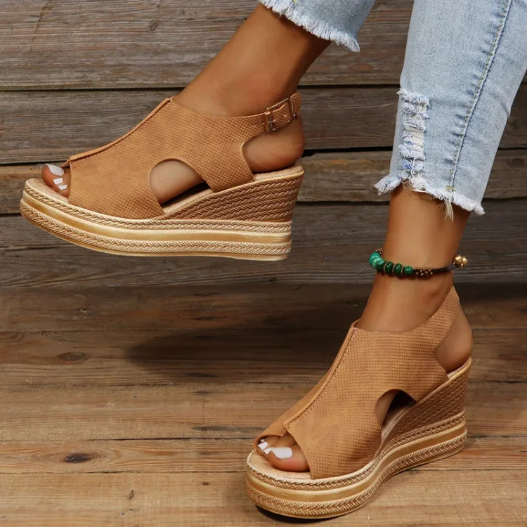 Roman peep toe platform sandals ankle strap hollow wedge sandals