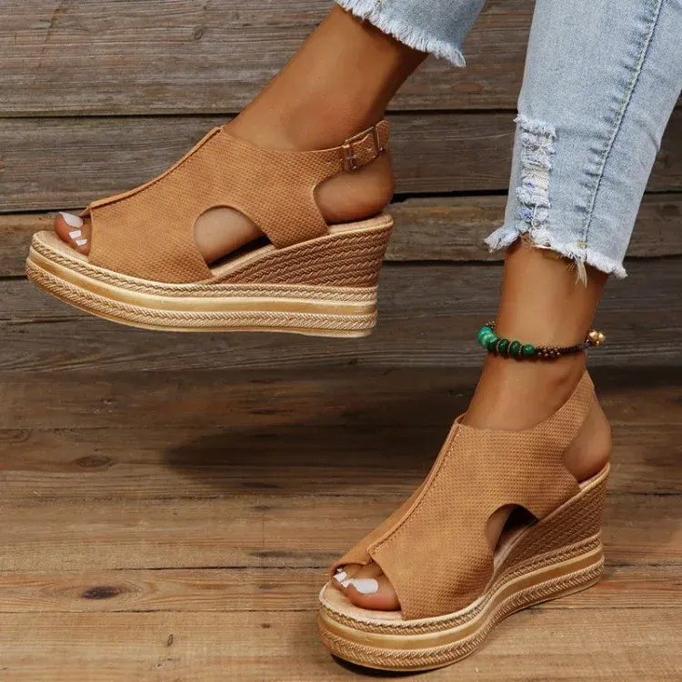 Roman peep toe platform sandals ankle strap hollow wedge sandals