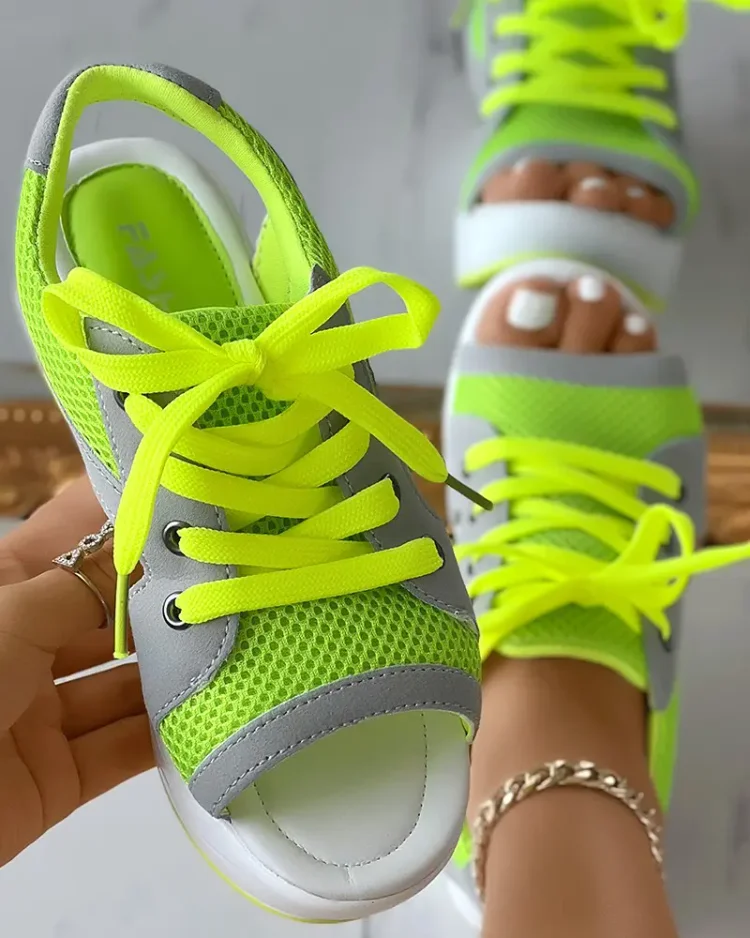 Orthopedic Contrast Paneled Cutout Lace-up Muffin Sandals