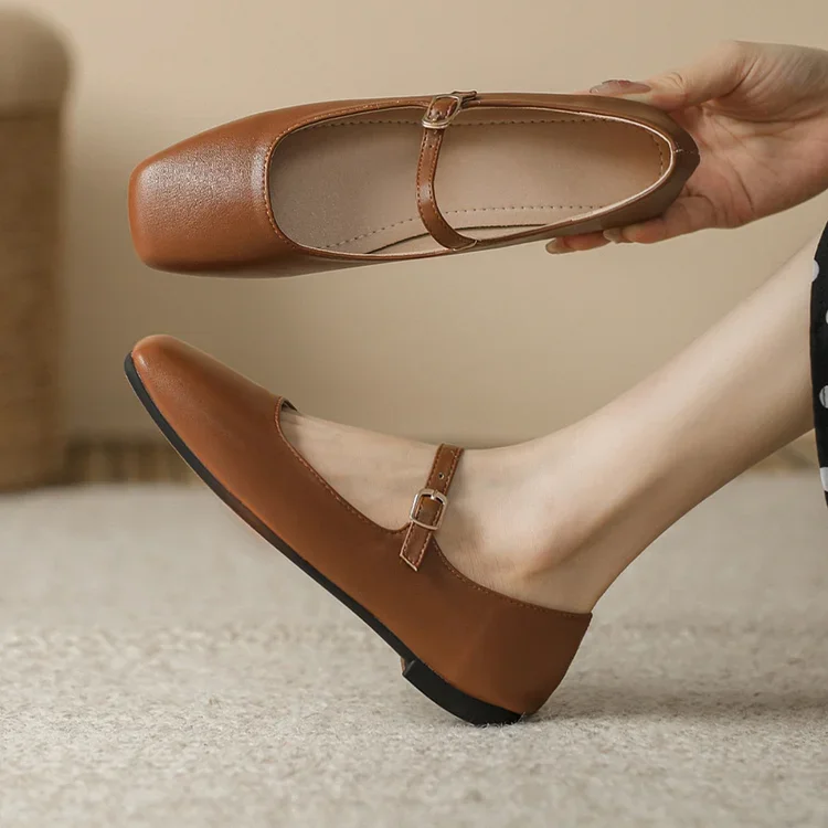 Mary Jane Square Head Retro Leather Flat Shoes