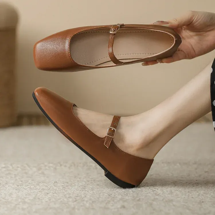 Mary Jane Square Head Retro Leather Flat Shoes
