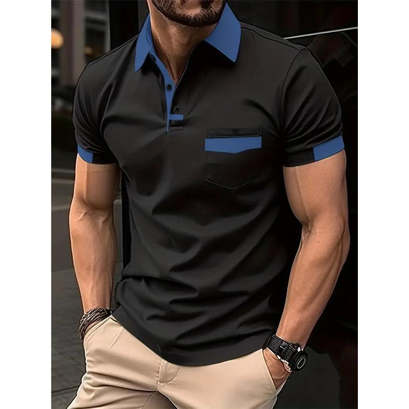 Men's Casual Color Block Pocket Short Sleeve Shirt