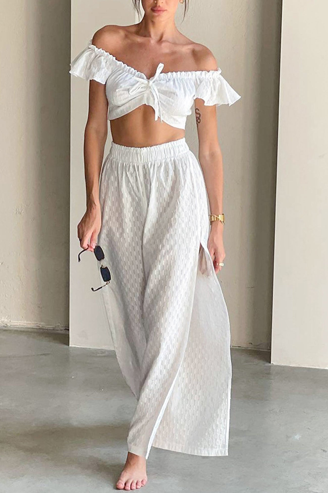 Leilani - cotton ruffle sleeve slit pants set