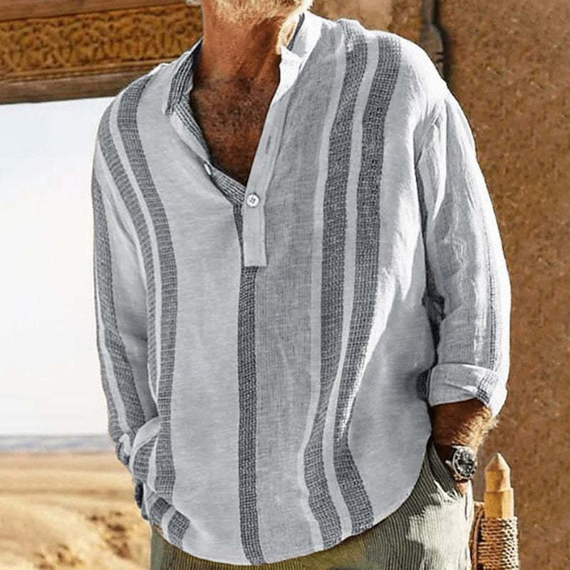 Men's V-neck Striped Print Loose Lapel Cotton Linen Shirt