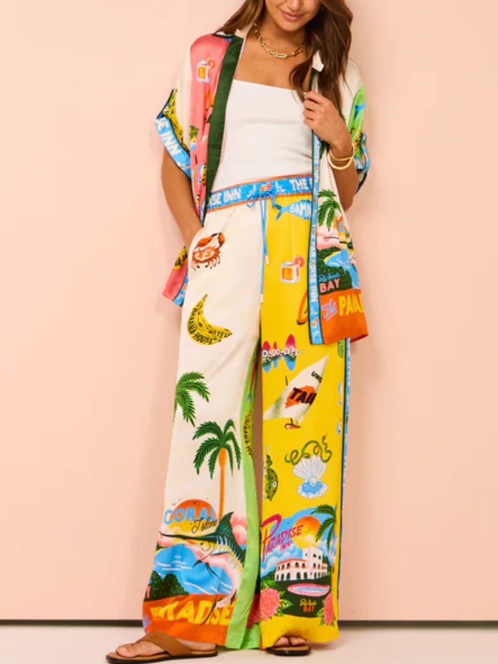 Vacation Graffiti Print Satin Casual Two-Piece Suit