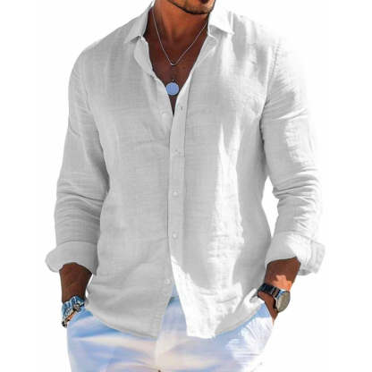 Men's Cotton and Linen Casual Solid Color Lapel Shirt