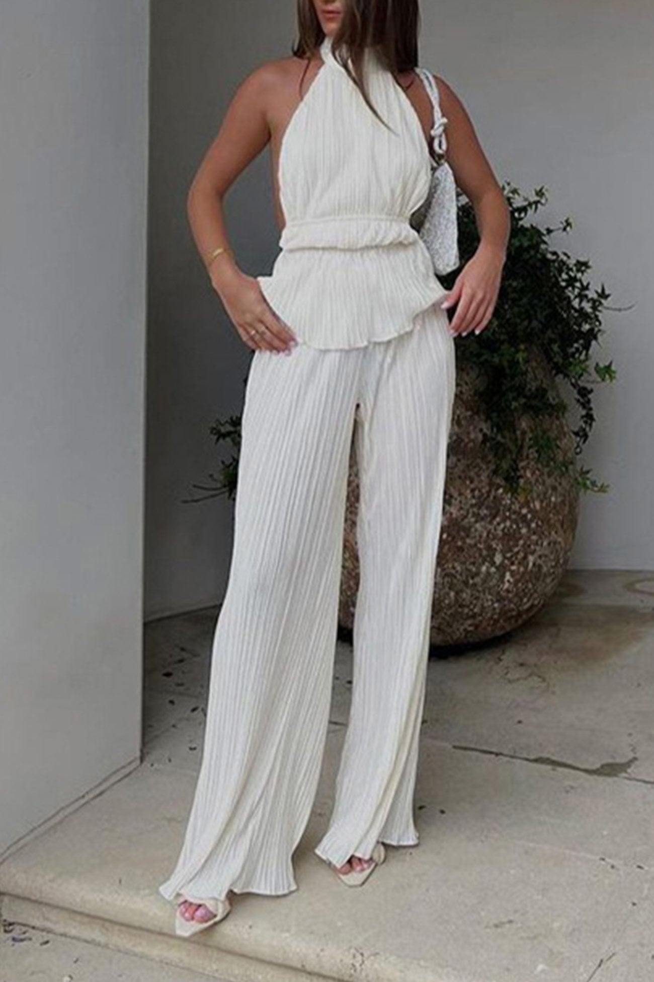 Praisel - pleated halter tops long pants set