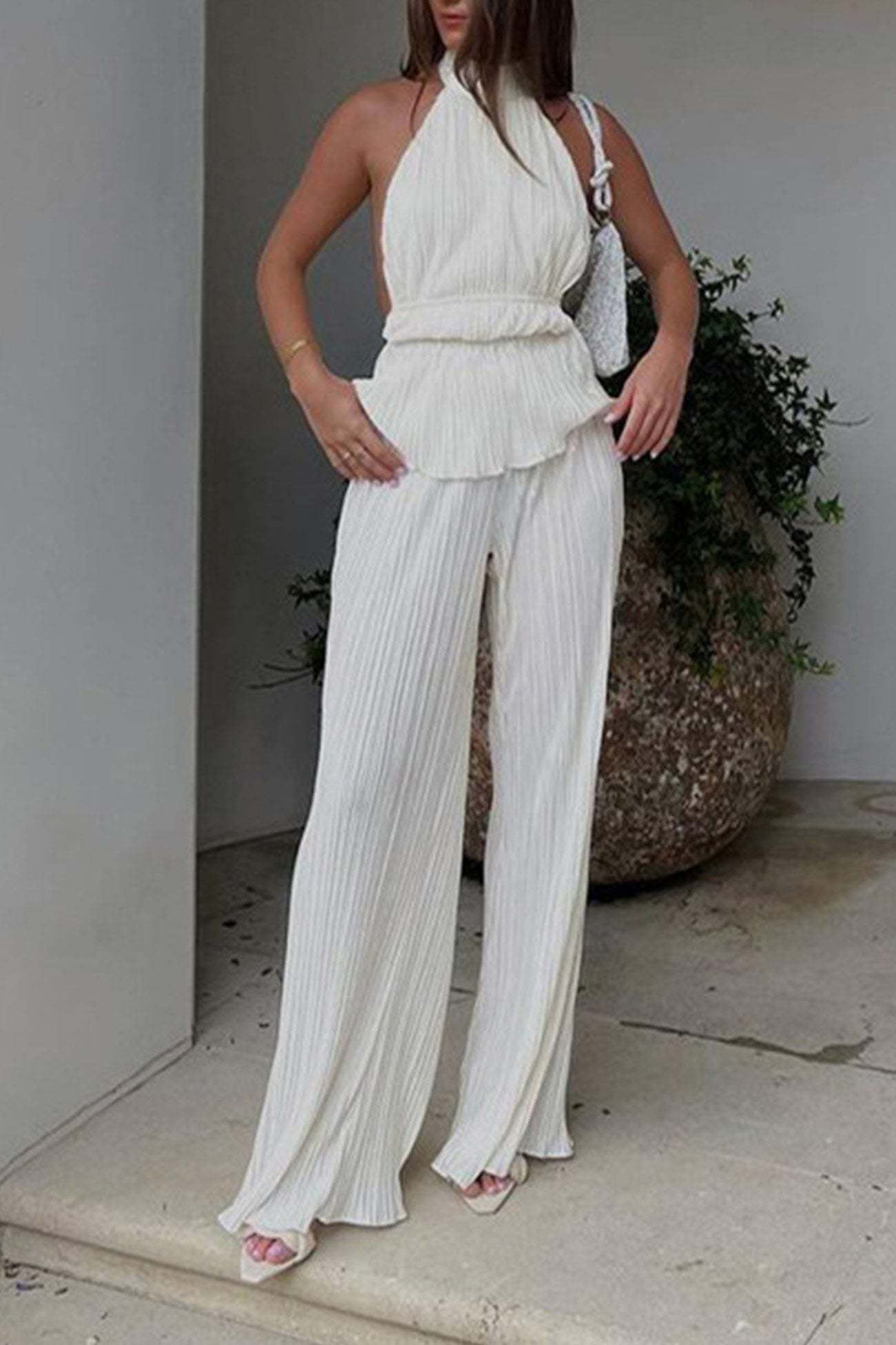 Praisel - pleated halter tops long pants set