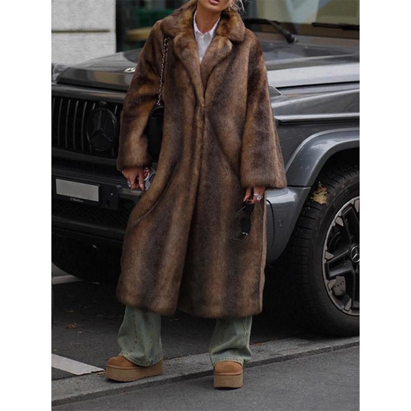 Elegant Faux Fur Trench Coat Long