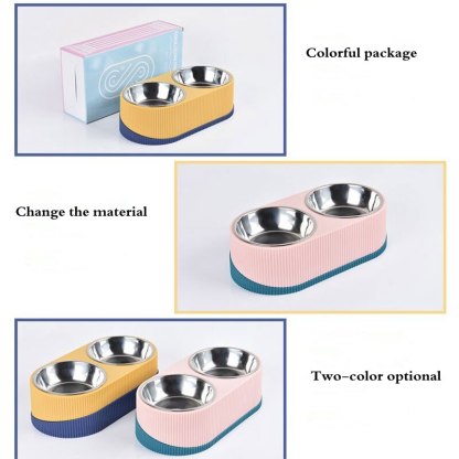 Pet Cat Dog Bowl Double Raised Stand Stainless Steel Dog Cat Food Bowl-gladdween