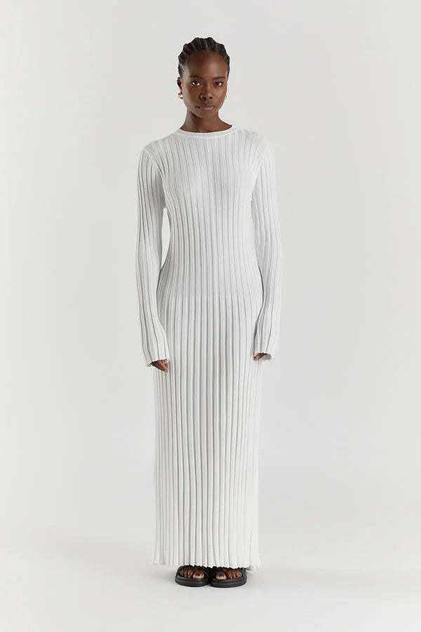 Crew Neck Sleeved Knit Midi Dress