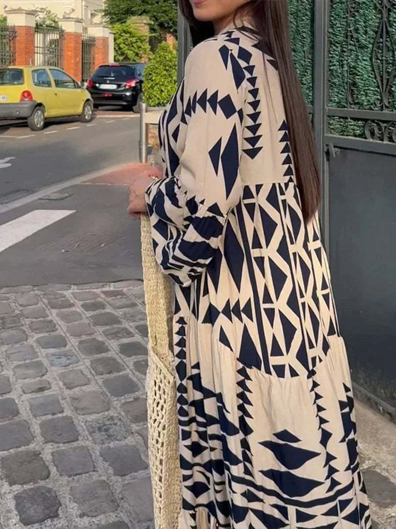 Oversized Dress With Retro Print and V-neckline