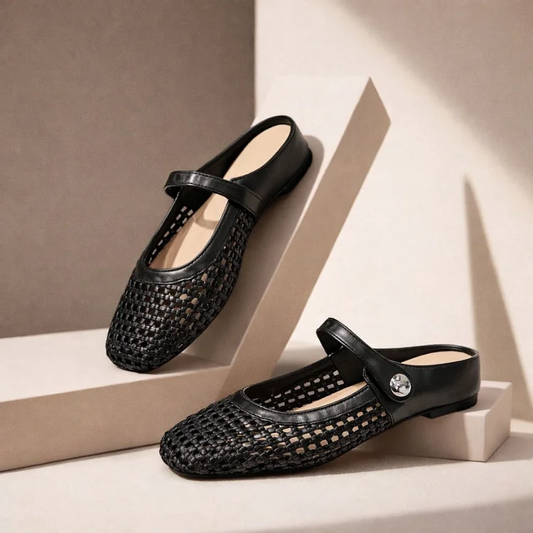 Women's Mary Jane Mules Woven Flat Slip On Shoes
