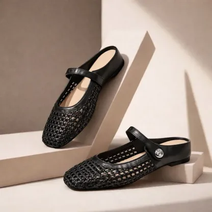 Women's Mary Jane Mules Woven Flat Slip On Shoes