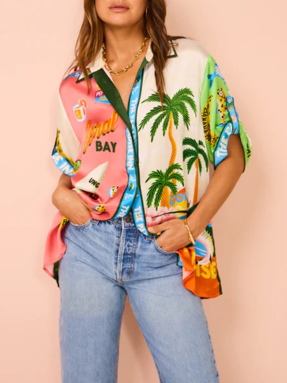 Vacation Graffiti Print Satin Casual Two-Piece Suit