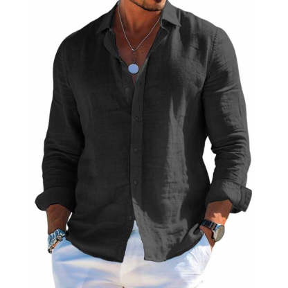 Men's Cotton and Linen Casual Solid Color Lapel Shirt